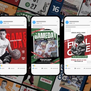 May include: Smartphone mockups showcasing sports-related social media posts. The posts advertise game days and events, featuring athletes and team details. The designs use red, green, and blue backgrounds with white text.