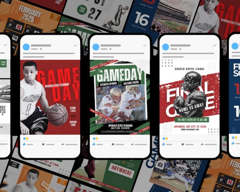 May include: Smartphone mockups showcasing sports-related social media posts. The posts advertise game days and events, featuring athletes and team details. The designs use red, green, and blue backgrounds with white text.