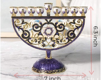 Purple Hanukkah Menorah Enamel Star of David with Lily Accents and Crystal Embellishments, Jewish Home Decor, Holiday Decoration