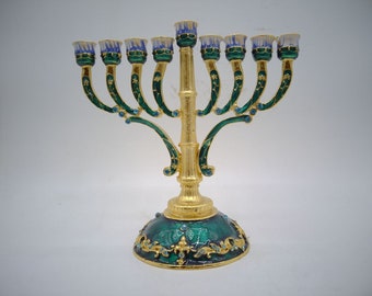 Enamel Menorah, Judaica Hanukkah Candelabra, Jewish Holiday Decor, Ceremonial Candle Holder, Heirloom Religious Artifact, Festival of Lights