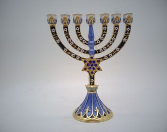 Enamel Jeweled Menorah, Traditional Hanukkah Blue & Gold Candelabrum, Elegant Jewish Holiday Candle Holder, Jewish Home Blessing