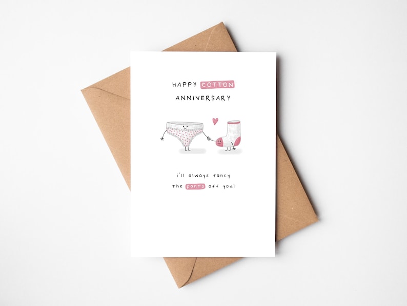 2nd Anniversary Card, Cotton Milestone: I'll Always Fancy The Pants Off You Knickers & pink sock