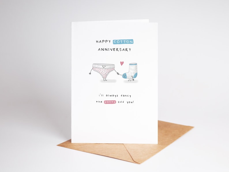 2nd Anniversary Card, Cotton Milestone: I'll Always Fancy The Pants Off You Knickers & blue sock