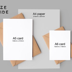 May include: Size guide for paper and card sizes. A4 paper measures 210mm x 297mm, A5 card measures 148mm x 210mm, and A6 card measures 105mm x 148mm.