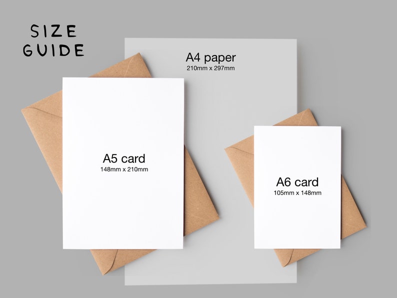 May include: Size guide for paper and card sizes. A4 paper measures 210mm x 297mm, A5 card measures 148mm x 210mm, and A6 card measures 105mm x 148mm.