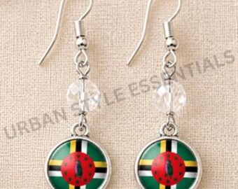 Dominica Flag Pendant Earrings – Handmade Drop Jewelry, Wob Dwiyet Accessory, Dominica Independence, Domfete Gift