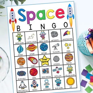 30 tarjetas de bingo imprimibles sobre el espacio, bingo para niños, bingo espacial, juego de fiesta para niños, juego de clase sobre el espacio exterior