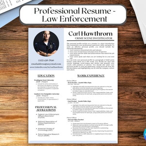 May include: A professional resume template for law enforcement, featuring a headshot of a man in a police uniform. The resume includes sections for education, work experience, and professional affiliations. The text includes contact information and the title "Crime Scene Investigator."