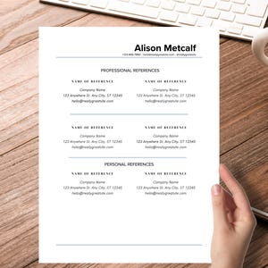 May include: A resume template with the name "Alison Metcalf" at the top. The document includes sections for professional and personal references, with placeholders for contact information. A cup of coffee and a keyboard are in the background.