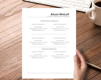 May include: A resume template with the name "Alison Metcalf" at the top. The document includes sections for professional and personal references, with placeholders for contact information. A cup of coffee and a keyboard are in the background.
