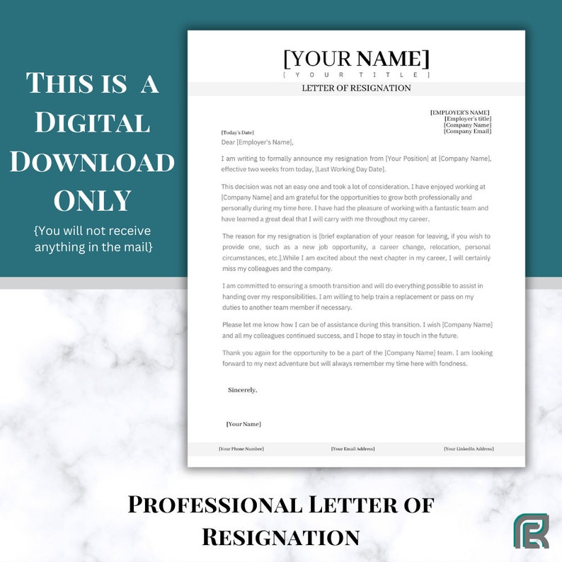 Professional Letter of Resignation Template Two Week Notice Termination Letter Job Resignation Notice Period Letter Quitting Letter image 3