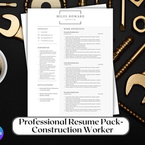 May include: A professional resume template for construction workers, featuring a clean layout with sections for contact, expertise, and work experience. The design includes a coffee cup and construction tools.