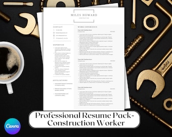 May include: A professional resume template for construction workers, featuring a clean layout with sections for contact, expertise, and work experience. The design includes a coffee cup and construction tools.