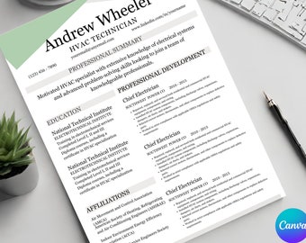 May include: A professional resume template for an HVAC technician, featuring a clean layout with sections for professional summary, education, and experience. The resume includes contact information, a LinkedIn profile link, and a light green accent.