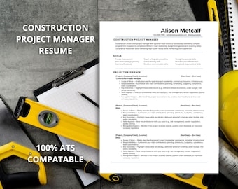 Construction Project Manager Resume Template | ATS-Friendly, Editable PDF + Word + Canva | Mobile Phone Friendly CV