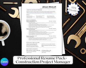 May include: A professional resume template for a Construction Project Manager, featuring a white document with a coffee cup and construction tools on a black background. The resume includes sections for skills, experience, and certifications. Text on the resume reads "Alison Metcalf" and "ATS Friendly!"
