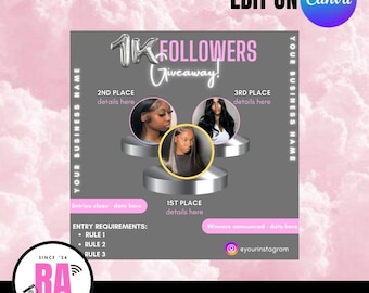 Grijze en roze giveaway 1K/1000 volgers flyer - DIY, canvas, bewerkbaar, haar, make-up, nagels, wimpers, Instagram, engagement, marketing, verkoop,