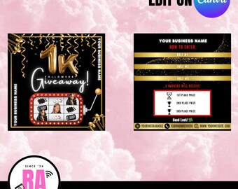 Zwart, rood, goud 1000/1K weggeefflyer - DIY, canvas, bewerkbaar, haar, make-up, nagels, wimpers, Instagram, engagement, marketing, verkoop,