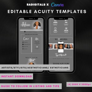 Peut inclure: Modèles Acuity modifiables pour les artistes, les stylistes et les esthéticiennes. Les modèles présentent un design noir et blanc sur un fond gris. Le texte "WE ♥ SELFIES" est affiché en forme de cœur. Les modèles sont disponibles en téléchargement instantané.