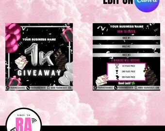 Zwart, roze, zilver 1000/1K weggeefflyer - DIY, canvas, bewerkbaar, haar, make-up, nagels, wimpers, Instagram, engagement, marketing, verkoop,