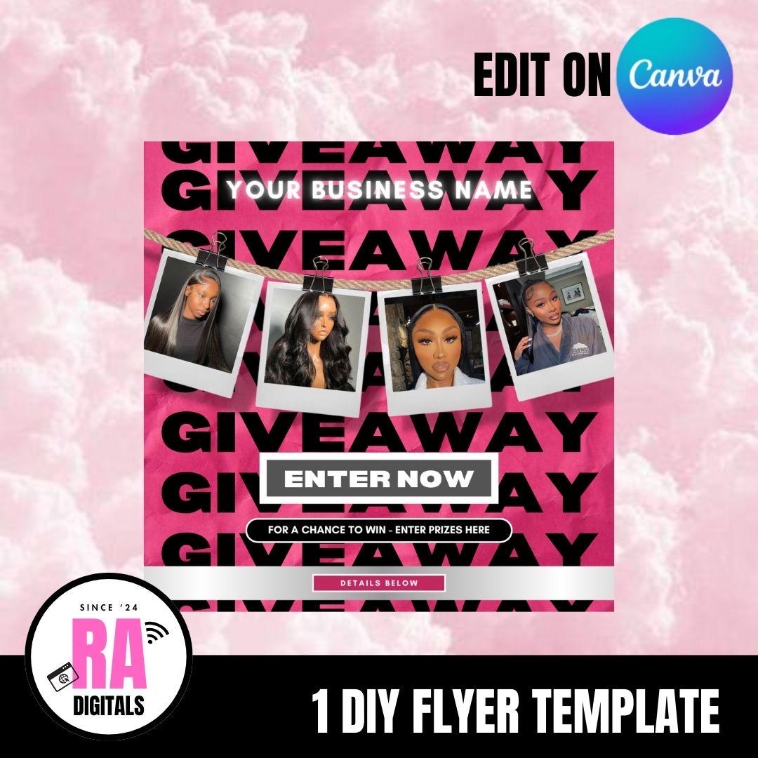 Zwart en roze weggeefflyer - DIY, canvas, bewerkbaar, haar, make-up, nagels, wimpers, Instagram, engagement, marketing, verkoop,