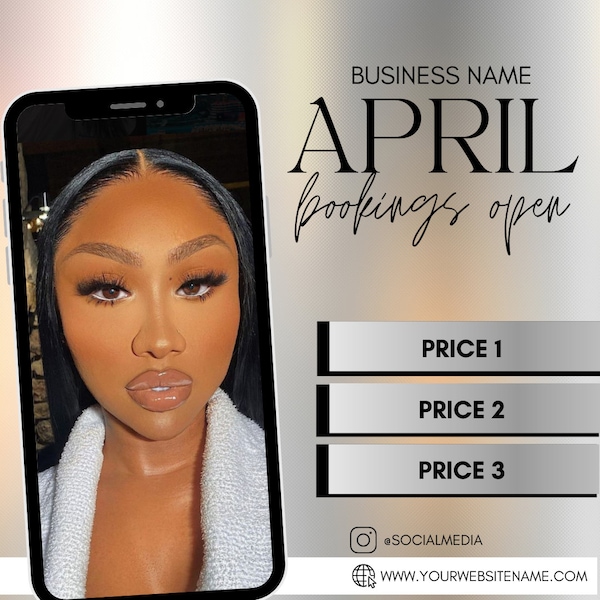 April Booking Flyer template for Businesses - Instagram, Canva, Editable, DIY, Hair, Makeup, Nails, Lashes, Advertising, Appointments, Sales