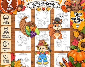 Könnte beinhalten: Ein Thanksgiving Build-a-Craft Bastelset mit neun druckbaren Seiten, die schwarz-weiße Umrisse eines Füllhorns, eines Eichhörnchens, einer Vogelscheuche und eines Truthahns zeigen. Ergänzt durch herbstliche Blätter, Kürbisse und Buntstifte.