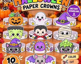 Puede incluir: Un conjunto de diez coronas de papel de Halloween para imprimir con ilustraciones coloridas de calabaza, fantasma, sombrero de bruja, Frankenstein, vampiro, momia, gato, araña, caldero y murciélago, con el texto Halloween Paper Crowns.