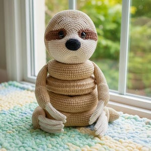 May include: A handmade crochet sloth doll in shades of beige and brown. The sloth has a round head with dark eyes, a black nose, and brown markings around the eyes. Its body is made of stacked, rounded sections, and it sits on a colorful, textured blanket.