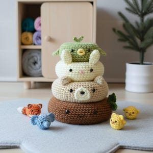 Woodland Friends Crochet Animal Stacking Toy Pattern (PDF Download), Bear, Bunny, Bird, Fox, Elephant, Chicks, baby Shower Toy