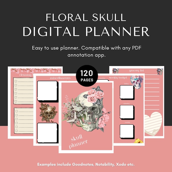 Floral Skull Digital Planner/Undated planner/Daily &Monthly planner/fantasy planner/dark planner/goth planner