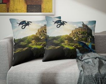 Beautiful Castle Featuring 2 Dragons pillow sham, Medieval vibes, Fantasy, magical, Dark Lore/Goth theme, dragon lovers, Pillow Sham