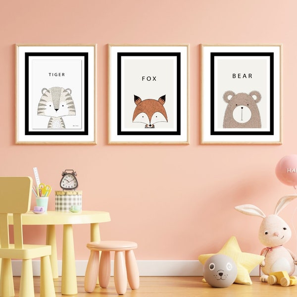 Hand Drawing Scandinavian Animals Poster Set, Wall Picture Set of 3, Kids Room Wall Prints Set, Nursery Wall Decor Kids Room Art Wall Decor