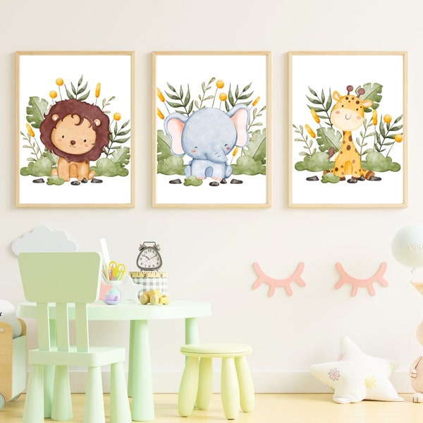 Cute Pastel Safari Animals Poster Set 3, Baby Wall Picture Set of 3, Kids Room Wall Prints Set, Nursery Wall Decor Kids Room Art Wall Decor