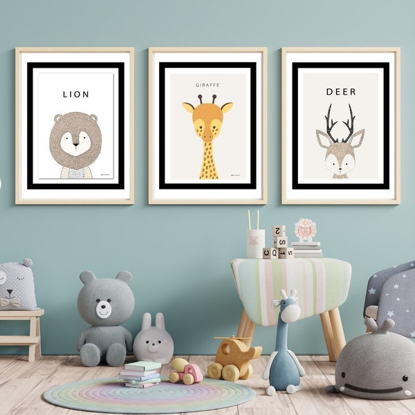 Scandinavian Hand Drawing Animals Poster Set, Wall Picture Set of 3, Kids Room Wall Prints Set, Nursery Wall Decor Kids Room Art Wall Decor