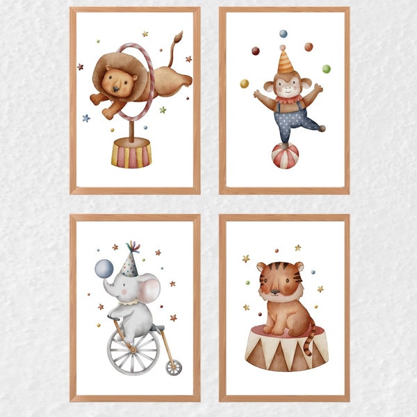 Cute Circus Animals Poster Set of 4 Baby Room, Wall Picture Set of 4, Kids Room Wall Prints Set, Nursery Wall Decor Kids Room Art Wall Decor