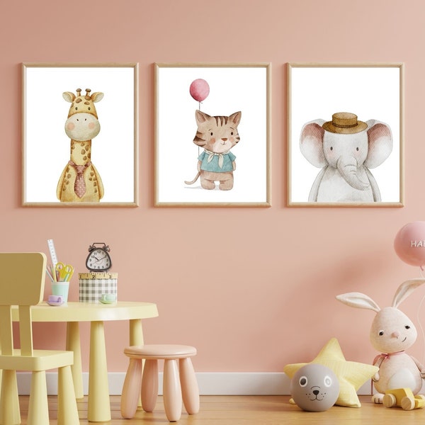 Babykamer aquarel dieren poster set 3, muur foto set van 3, kinderkamer muur prints set, kinderkamer muur decor kinderkamer kunst muur decor