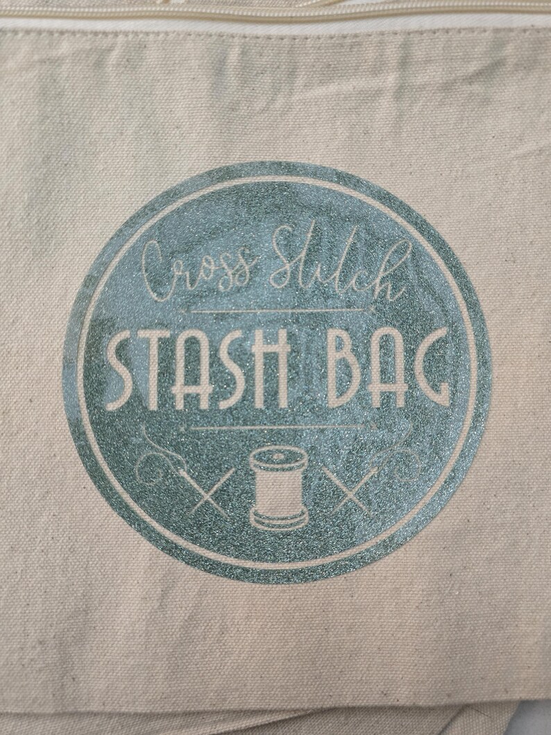 Cross Stitch Cotton Canvas Stash Bag Mint Glitter