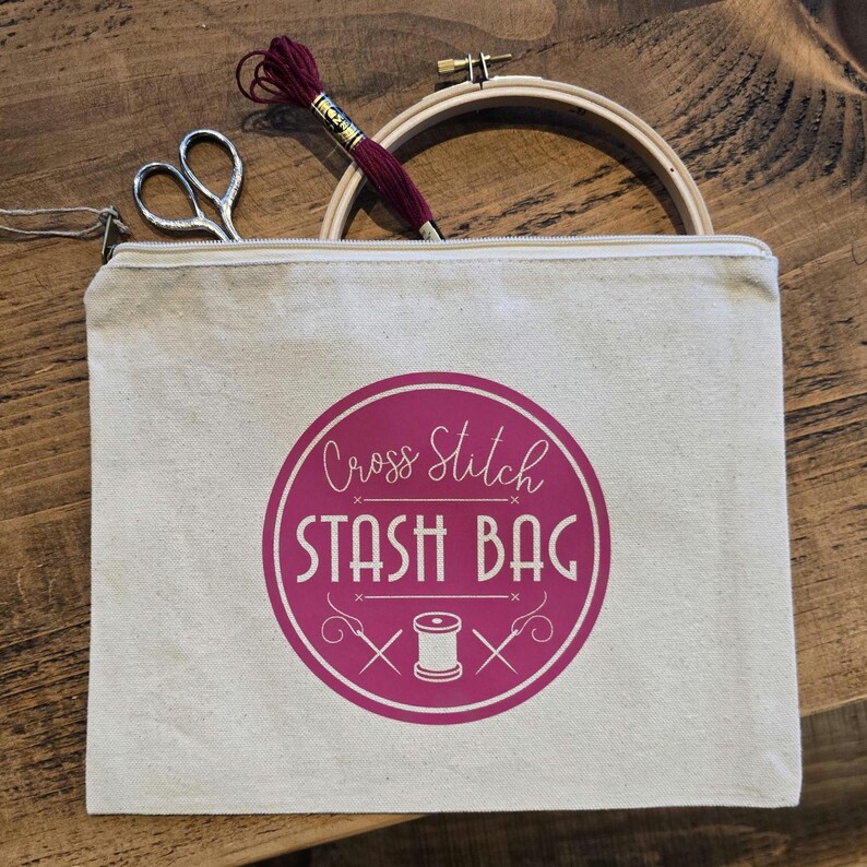 Cross Stitch Cotton Canvas Stash Bag Raspberry