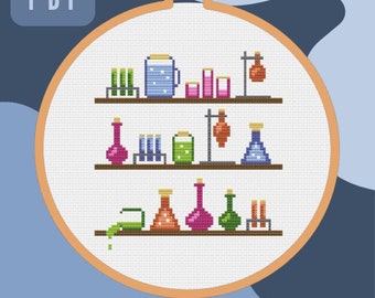 Potion Bottle Shelf Cross Stitch Pattern: Bookmark & Hoop (PDF Pattern)
