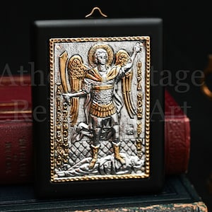 St Michael Icon - Silver Sculptural High Relief Heirloom Icon, Small Iconostasis Icon Prayer, Guardian Angel   Icon for Travel / Soldier