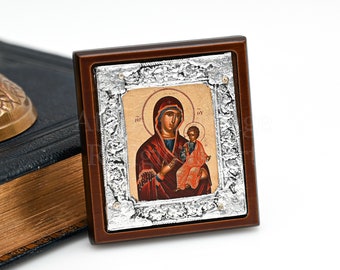 Maagd Maria icoon, Panagia Amolyntos Byzantijnse hagiografie, oosters-orthodoxe, moeder van God zakformaat/reisicoon, christelijk geloof cadeau