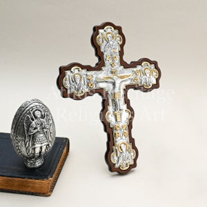 Four Evangelists Wall Cross Jesus Devotional & Faith Gift, Sterling Silver Cross Icon, 24k Gold, Orthodox Wood Crucifix Wall Hang Home Decor