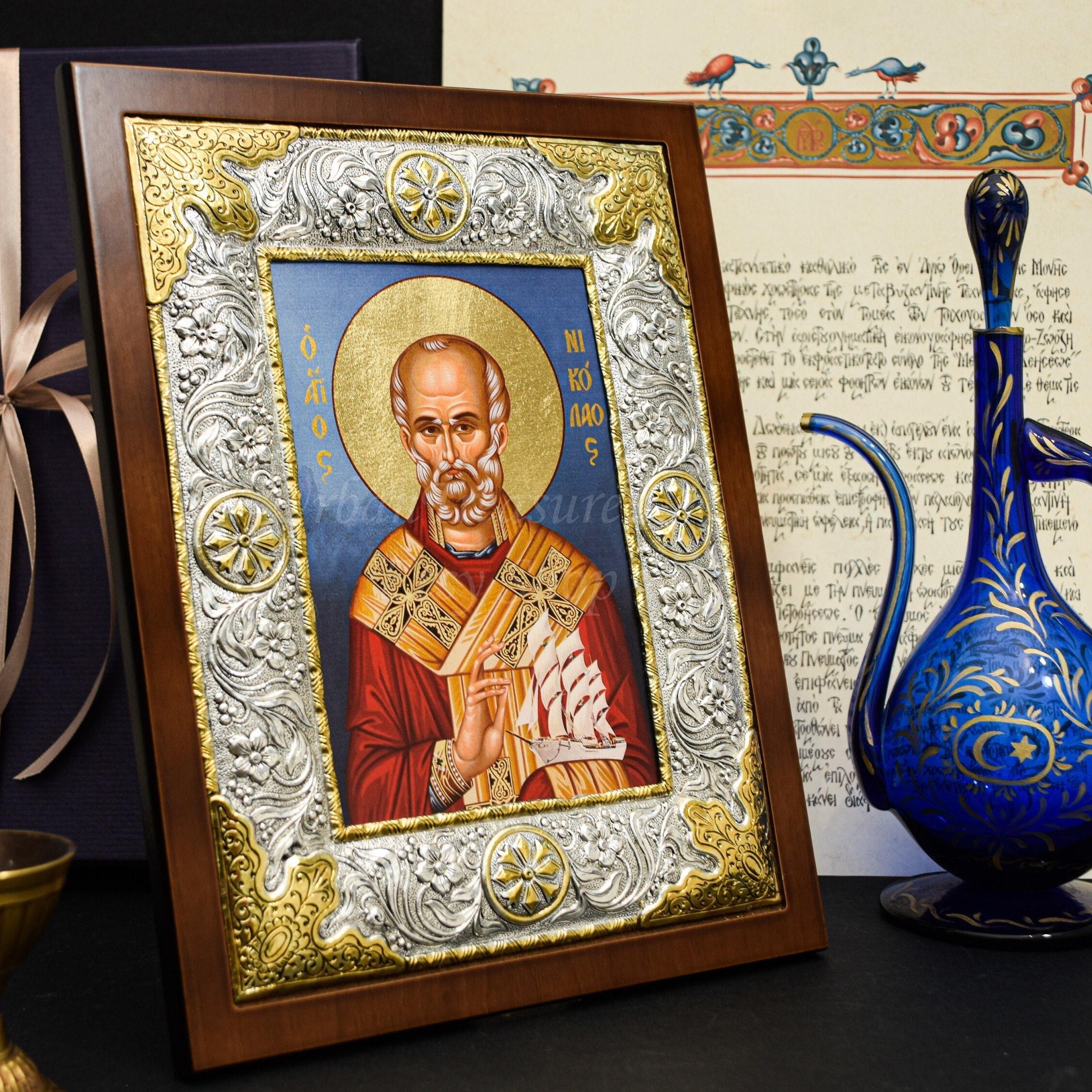 ビザンチン様式　ロシアイコン　聖母子像 レプリカ　木製フレーム 銀装飾 Byzantine SAINT NICHOLAS Icon, Sterling Silver & Gold Frame