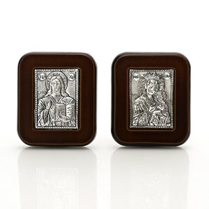 Travel Pray Icons of Virgin Mary & Jesus Christ, Christian Gifts for School Student or Traveler, Orthodox Small Iconostasis, Silver and Wood