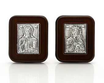 Travel Pray Icons of Virgin Mary & Jesus Christ, Christian Gifts for School Student or Traveler, Orthodox Small Iconostasis, Silver and Wood