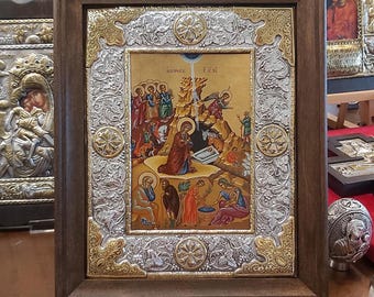 Nativity Icon Orthodox Christian Wall Art Icon with Birth of Christ, Religious Home Decor, Byzantine Hagiography Icon, Silver & Gold, Wood