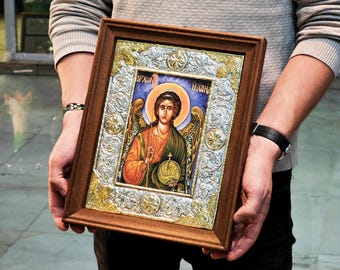 Archangel Michael Icon Religious Orthodox Wall Art Frame, Greek Silver Icon 24k Gold Wood Frame, Ecclesiastical Gift, Byzantine Hagiography