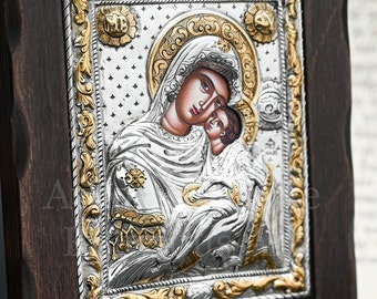 Orthodox Silver Icon of Virgin Mary Holding Jesus, Greek Byzantine Artwork ▷Mount Athos Icon◁ Religious Daughter / Mom Gift, Theotokos Icon