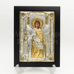 Archangel Icon Silver, Michael Guardian Angel Orthodox Icon, 3D High Relief Silver & Gold, Religious Art Baptism Spiritual Gift for Family